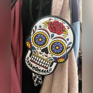 Decorative Sugar Skull Wall Accent in White with Multicolor Floral Design purse